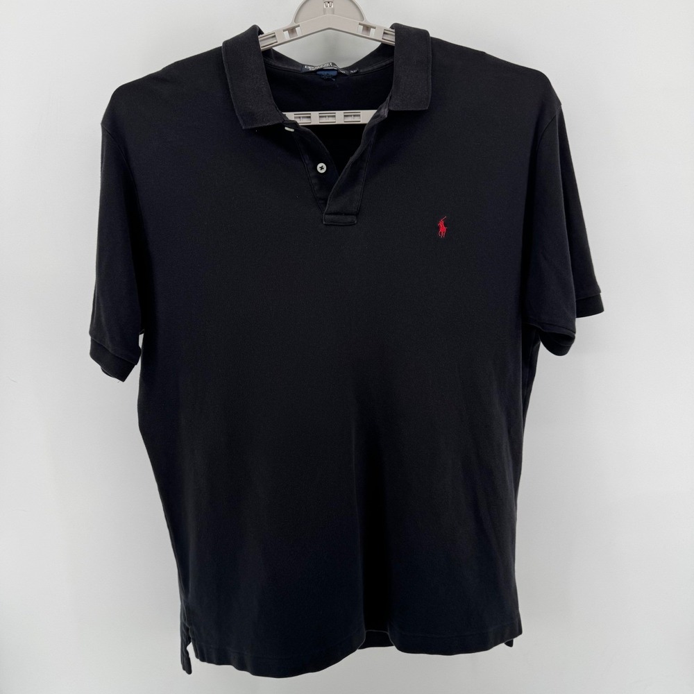 VTG Polo Ralph Lauren Mens XL Black Short Sleeve Polo Shirt Red Pony Logo Cotton